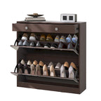Mirror Shoe Cabinet with 2 Flip Drawers & Barn Door Design, Freestanding Shoe Cabinet Organizer with Drawer and Shelves