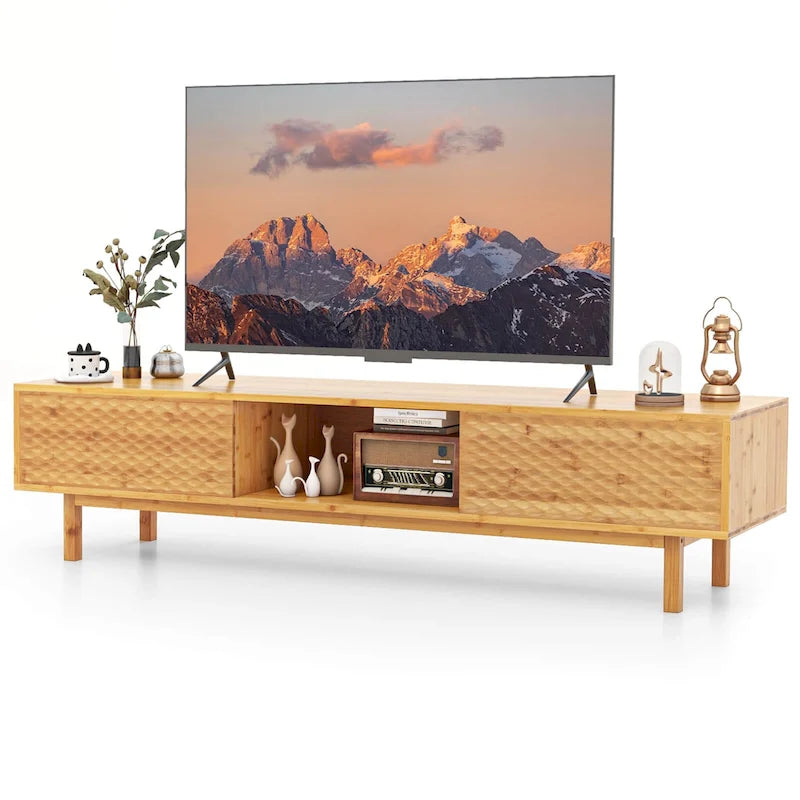 Meuble TV en bambou de 160 cm avec 3 cubes de rangement et portes coulissantes