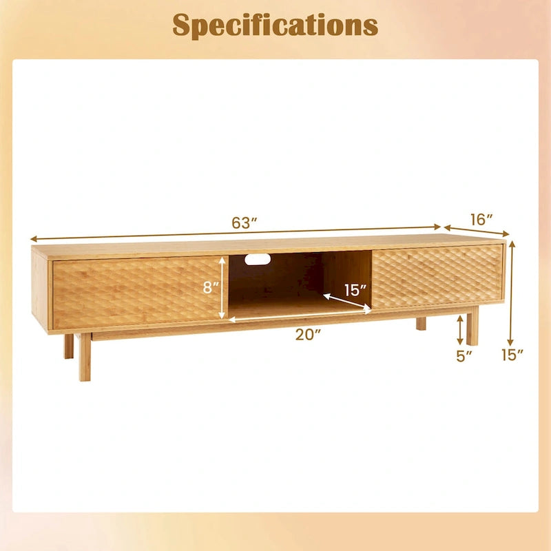 Meuble TV en bambou de 160 cm avec 3 cubes de rangement et portes coulissantes