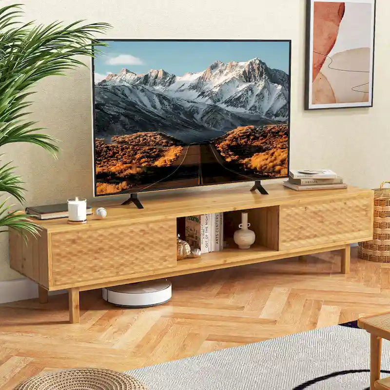 Meuble TV en bambou de 160 cm avec 3 cubes de rangement et portes coulissantes