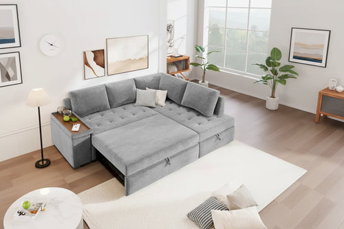 91.5 L-Shaped 4 Seater Sectional Sofa Couch with Pull-Out Bed, Hidden Storage and Functional Armrests, for Living Room
