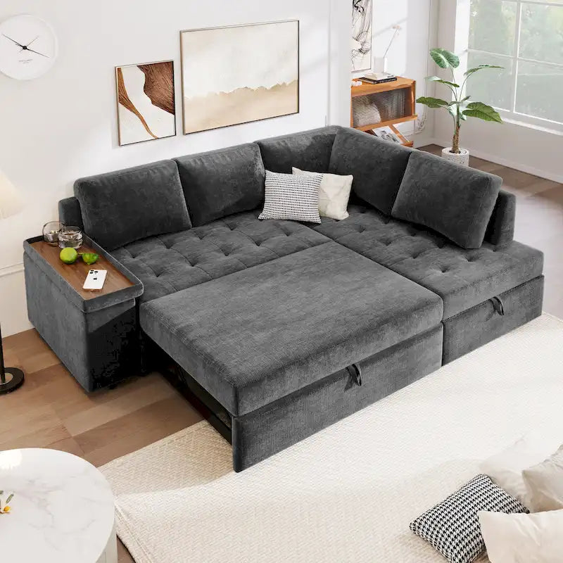 Canapé d'angle en L 4 places 91,5 po avec lit gigogne, rangement intégré et accoudoirs fonctionnels, pour salon
