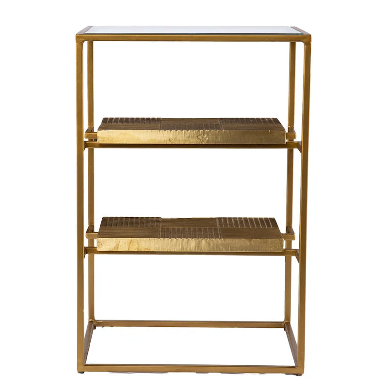 Table d'appoint Pantello avec étagères et plateau en verre, laiton