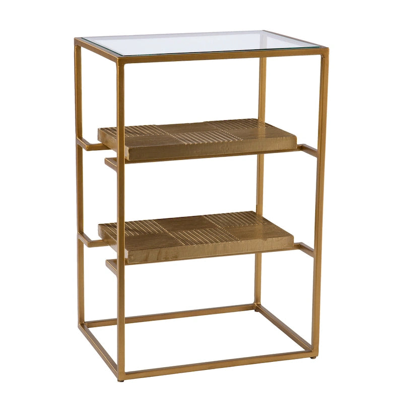 Table d'appoint Pantello avec étagères et plateau en verre, laiton