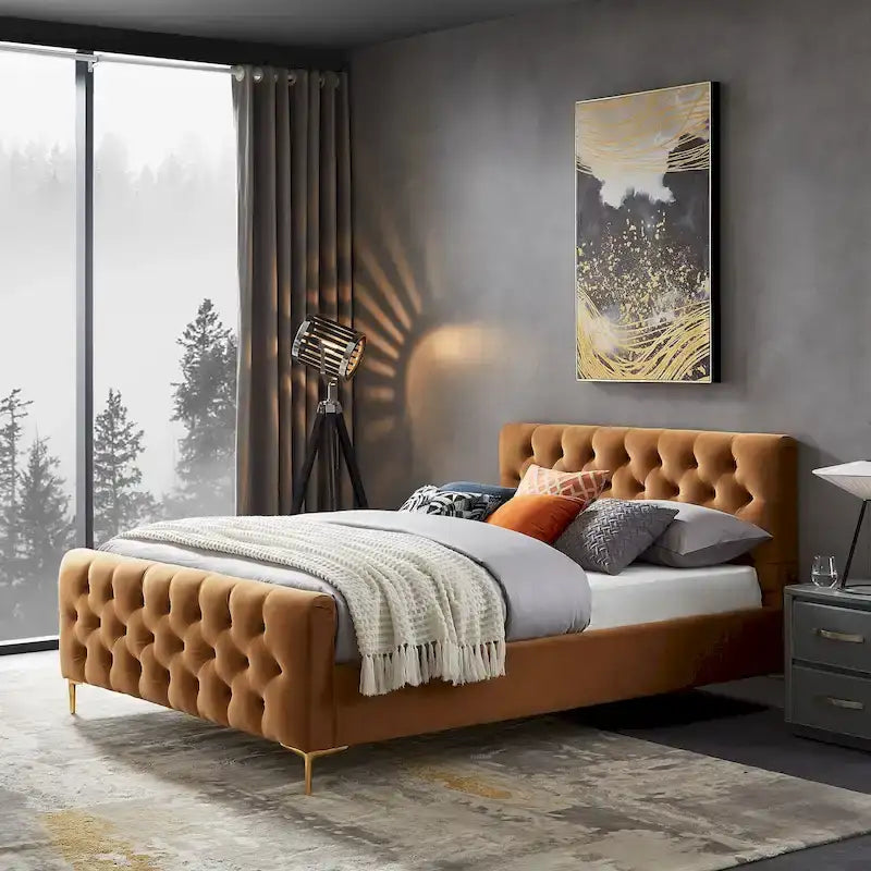 Lit plateforme Bianca Mid Century en velours, couleur Cognac