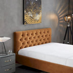 Lit plateforme Bianca Mid Century en velours, couleur Cognac