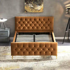 Lit plateforme Bianca Mid Century en velours, couleur Cognac