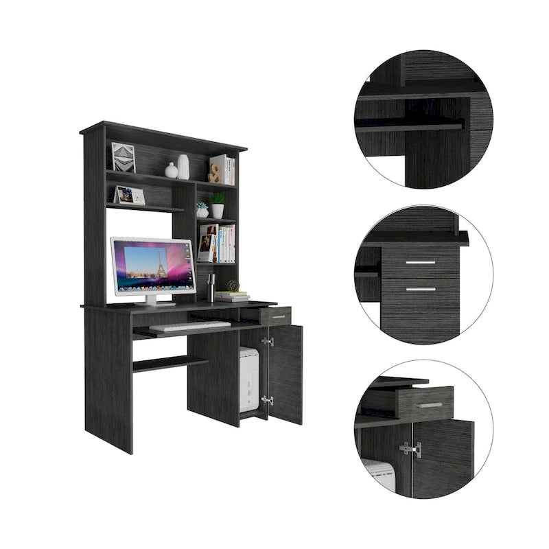 Bureau d'ordinateur Compu 180 avec 5 étagères, tablette coulissante pour clavier, panneau pour unité centrale et tiroir