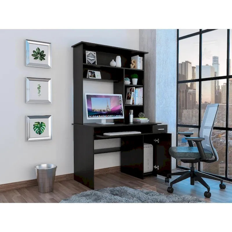 Bureau d'ordinateur Compu 180 avec 5 étagères, tablette coulissante pour clavier, panneau pour unité centrale et tiroir