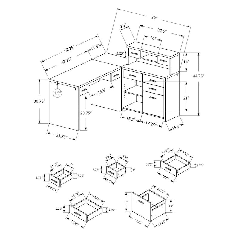 Bureau informatique d'angle gris de 150 cm avec 8 tiroirs