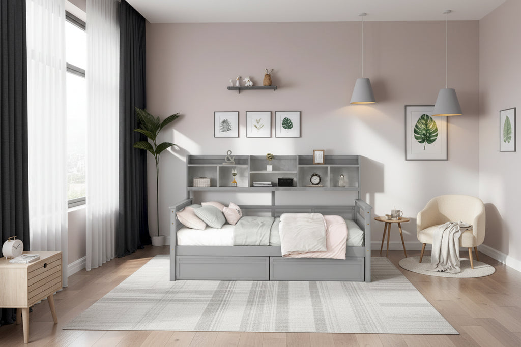 Full Size Wood Daybed with Bedside Shelf and Two Drawers