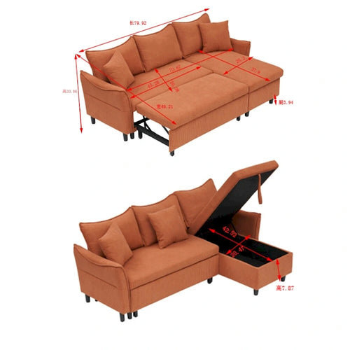 Canapé d'angle en velours côtelé 80 pouces avec deux petits coussins